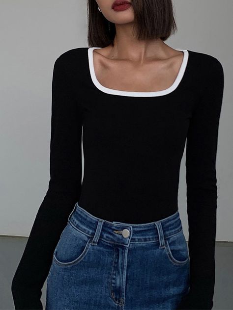 Sliver Lining Contrast Neckline Long Sleeve Top I discovered a fantastic product, please come and check it out! Fit Clothes, Jeans Overall, Cardigan Sweater Dress, Fits Clothes, Maxi Robes, Blazer And Shorts, Yoga Shorts, Denim Jumpsuit, Dress Suits