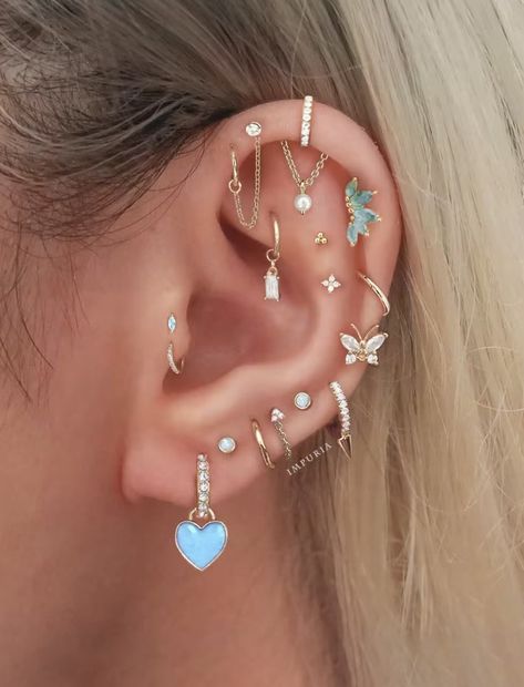 Ear Piercings Top Of Ear, 6 Ear Piercings, Triple Flat Piercing, Full Ear Piercings, Triple Ear Piercing, Ear Stacks, Stained Glass Earrings, Types Of Ear Piercings, Piercing Inspo