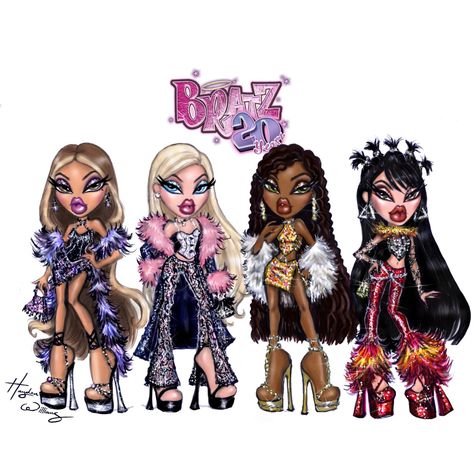 Hayden Williams Fashion Illustrations — Today is officially #Bratz 20th Anniversary!!! ... Bratz 20th Anniversary, Hayden Williams Fashion, Black Bratz Doll, Bratz Doll Outfits, Doll Drawing, Brat Doll, Hot Halloween Outfits, Hayden Williams, Bratz Girls