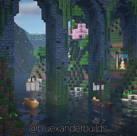 Minecraft Cave Bridge Ideas, Minecraft Mountain Tunnel, Minecraft Cliff Bridge, Minecraft Bridge Large, Minecraft Cliffside Base, Minecraft Water Feature, Enchanted Minecraft Builds, Big Bridge Minecraft, Cliff Side Minecraft House