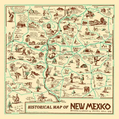 New Mexico Map, Cartoon Map, New Mexico History, Santa Fe Trail, Mexico Map, Mexico History, Pictorial Maps, Tourist Map, Silver City