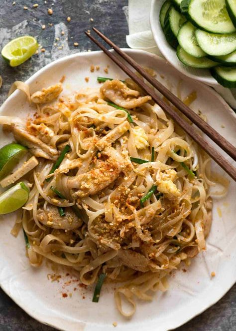 Overhead photo of Chicken Pad Thai on a rustic white plate with a side of cucumbers, ready to be eaten. Chicken Pad Thai, Pad Thai Sauce, Thai Recipe, Pad Thai Recipe, Thai Noodles, Recipetin Eats, Recipe Tin, Citrus Chicken, Gluten Free Eating