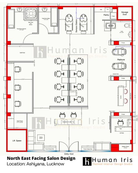 Check out the Salon detailed layout plan and sectional elevation design. The total approx. area of salon is 1750 Sqft. Salon Design Layout, Salon Layout Ideas Floor Plans, Small Salon Designs Layout, Salon Floor Plan, Salon Suites Ideas, Spa Layout, Small Salon Designs, Lobby Plan, Sectional Elevation