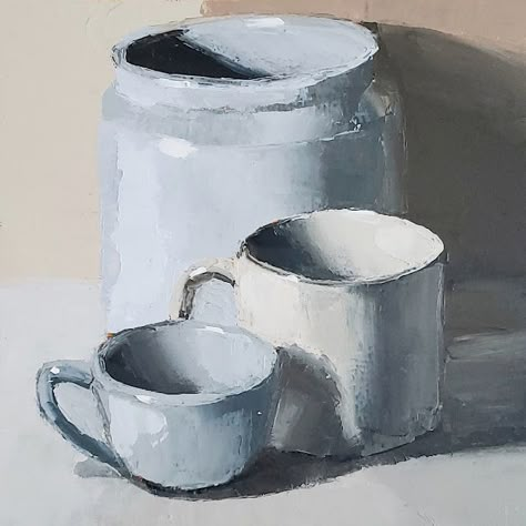 Impressionist still life oil painting of a white container and two white mugs against a white background. White Still Life Painting, Still Life Painting Ideas, Easy Still Life Painting, Still Life Art Painting, White Still Life, White Objects, Impressionist Still Life, Acrylic Still Life, White Oil Painting