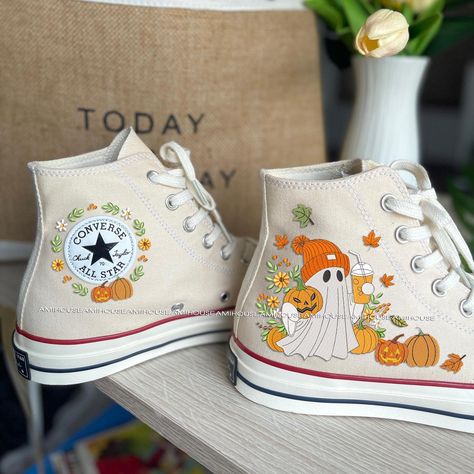 🌿 Love Embroidered Converse 🌿 ❤️ About Our Products: Each pair of shoes from our store is brand new and hand-embroidered to order. Please ensure you select the correct shoe size before checkout. The embroidery is durable and won't fade over time. ✨ Personal Expression: Showcase your unique style with custom embroidery! Contact me to create your own embroidered shoes with a private listing. I'll send you the design for approval before embroidering the shoes. Alternatively, you can design your p Cool Shoes Aesthetic, Halloween Converse, Converse Painted, Trendy Converse, Disney Converse, Cool Converse, Cute Converse Shoes, Converse Design, Embroidered Halloween