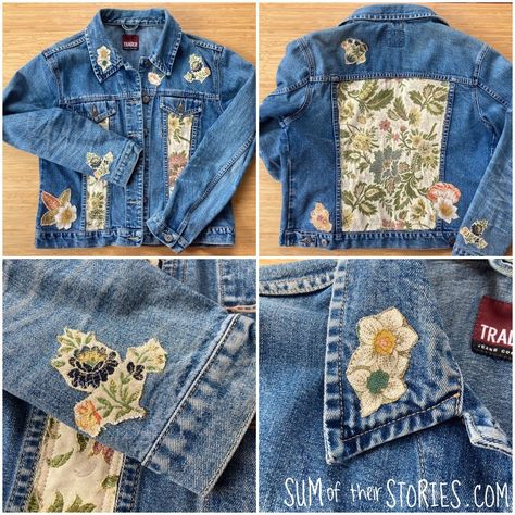 Denim Jacket refashion with brocade fabric — Sum of their Stories Craft Blog Denim Upcycle Diy, Diy Jacket Refashion, Diy Vest, Denim Upcycle, Denim Refashion, Upcycled Jackets, Upcycled Denim Jacket, Diy Denim Jacket, Custom Denim Jacket