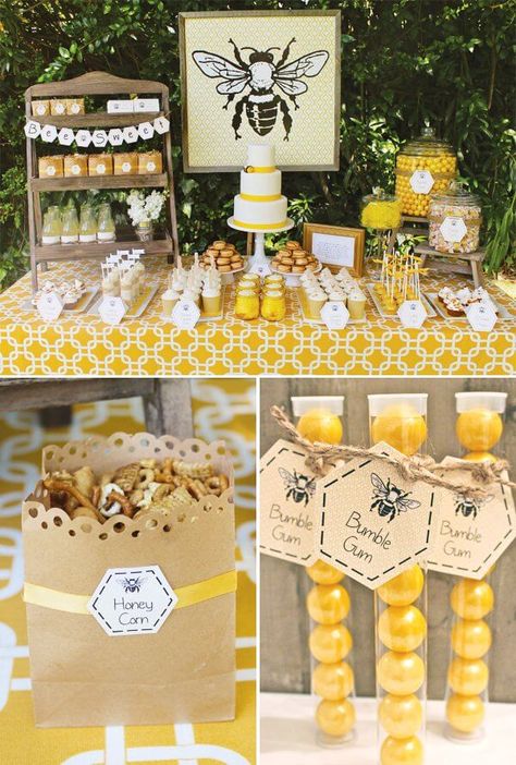 Bumble Bee Party, Baby Bumble Bee, Bumble Bee Birthday, Bee Theme Party, Rain Barrels, Bee Birthday Party, Chicken Tractors, Bee Baby Shower Theme, Party Dessert Table