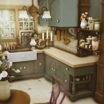 Overgrown Cottage, Sims 4 Victorian House, Cottagecore Furniture, Sims Cottage, Cottage Core Interior, Sims 4 Cottage, Cottage House Interior, Sims Rooms, Cottage Core Kitchen