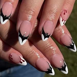 Fake Acrylic Nails, Fake Nails White, Halloween Nails Diy, Nail Tip Designs, Halloween Press On Nails, Halloween Acrylic Nails, White French Tip, French Nail Art, Almond Acrylic Nails