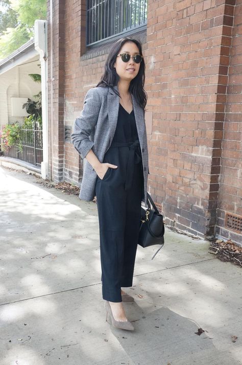 everlane japanese goweave essential jumpsuit styled with everlane oversized wool blazer and sarah flint pumps Blazer Over Jumpsuit Outfit, Jumpsuit Blazer Outfits, Everlane Blazer, Classic Everlane Bottoms For Workwear, Jumpsuit With Blazer, Everlane Outfit Minimal Chic, Everlane Spring Workwear Pants, Everlane Winter Workwear Outerwear, Everlane Jumpsuit