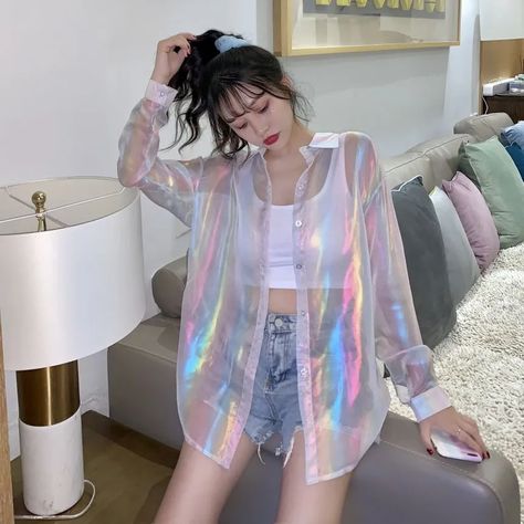 Holographic Shirt, Holographic Fashion, Sunscreen Clothing, Style Kawaii, Mesh Tops, Straight Clothes, Chic Blouses, Sheer Shirt, Shirts Women