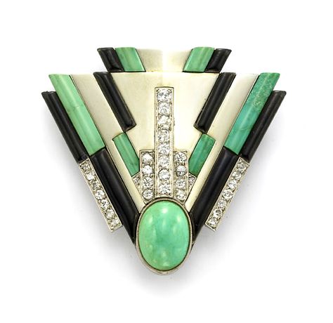 Rare and spectacular Art Deco brooch by Raymond Templier in 18k gold, diamonds, turquoise and onyx. Has been in an important museum exhibition in Paris at the musee des Arts Decoratifs. Arte Art Deco, Bijoux Art Deco, Bijoux Art Nouveau, Art Deco Brooch, Motifs Perler, Estilo Art Deco, 1920s Art Deco, Celtic Jewelry, Deco Jewelry