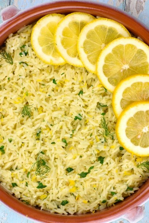 Greek Lemon Rice - GypsyPlate Greek Rice, Greek Lemon Rice, Rice Side, Rice Side Dishes, Easy Rice Recipes, Lemon Rice, Rice Ingredients, Greek Dishes, Mediterranean Dishes