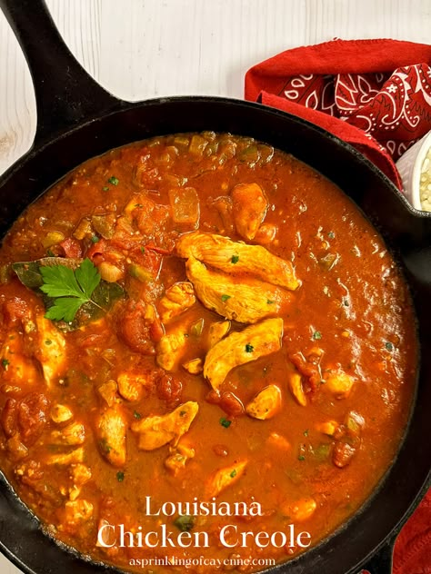 The personal recipe of a south Louisiana native, this chicken Creole features mesmerizing layered flavors and textures that literally flavor-pop on different areas of your tongue simultaneously. One of the easiest regional recipes to master, this dish is ready in just over one hour and does not require a roux, just browned veggies. #chickencreole #creolechicken #LouisianaCreolerecipes #Creolerecipes #Louisianarecipes #LouisianaCreole Chicken Creole Recipe, Chicken Creole, Louisiana Chicken, Creole Chicken, Louisiana Dishes, Regional Recipes, Chicken Wing Sauces, Cajun Dishes, Cajun Creole Recipes