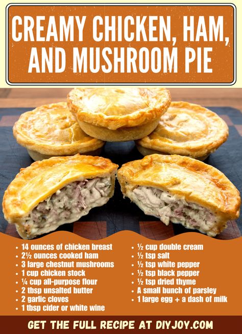 Easy Creamy Chicken, Ham, and Mushroom Pie Recipe via @diyjoycrafts Creamy Chicken Pie Recipe, Chicken And Ham Pie, Mushroom Pie Recipe, Creamy Chicken Pie, Easy Creamy Chicken, Chicken And Mushroom Pie, Chicken Pie Recipe, British Cooking, Catering Food Displays