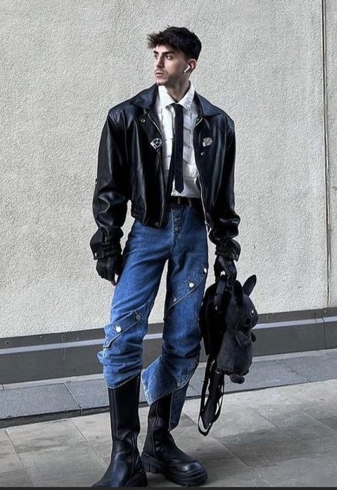 Punk Street Style Men, Kpop Style Outfits Men, High Fashion Poses Men, Men Skirt Outfits, High End Fashion Outfits, Starboy Outfit Men, Futuristic Outfit Men, Futuristic Clothing Men, Male Model Outfits