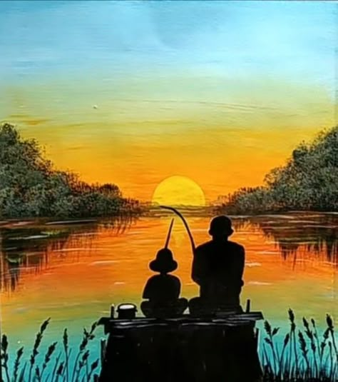 Fishing Canvas Art, Oil Pastel Drawings Easy, Easy Landscape Paintings, Draw Step By Step, Silhouette Painting, Lake Painting, Beautiful Art Paintings, Wood Painting Art, 3d Tattoos