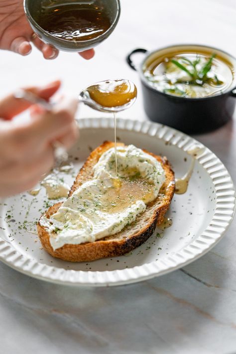 PS Recipe: Herb Labneh & Truffled Honey on Toast — PS.Cafe Middle East Food, Gin Gifts, Truffle Oil, Cheese Spread, Creamy Cheese, On Toast, Cheese Cloth, Breakfast Dishes, Lemon Zest