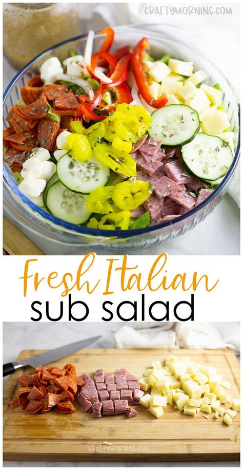 Italian Sub Salad Recipe- Delicious summer salad recipe to make for a potluck or party. Healthy sub Italian salad dish. Cucumbers, peppers, pepperoni, cheese, etc. Large Salads For Parties, Pizza Party Salad Ideas, Great Salad Ideas, Salad Recipes Potluck, Italian Garden Salad Recipe, Salads For Pizza Party, Deli Salads Ideas, Italian Recipes Potluck, Football Salad Recipes