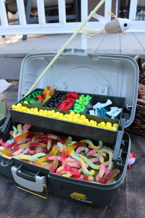 Fishing Themed Birthday Party, Baby Shower Fishing, Fishing Birthday Party, O Fish Ally, Fish Bait, Camping Birthday Party, Candy Station, Fishing Party, Baby Fish