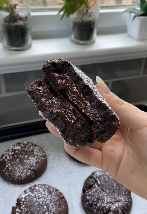 Lava Cookies Molten, Milton Lava Cake Molten Chocolate, Crumbl Molten Lava Cookies, Lava Cake Cookie Recipe, Molten Lava Cake Cookies, Chocolate Lava Cake Cookies, Chocolate Lava Cookies Recipes, Molten Lava Brownies, Lava Cookie Recipe