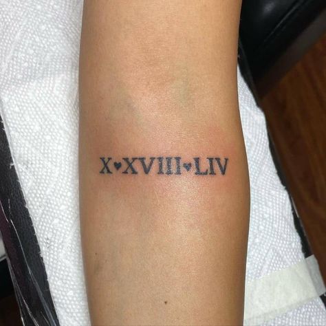 Forearm Roman Numeral Tattoo Creation Roman Numeral Birthday Tattoo, Roman Numeral Tattoo Arm, Roman Numeral Tattoo Font, Roman Numeral Date Tattoo, Roman Numbers Tattoo, Roman Numeral Tattoo, Numeral Tattoo, Fonts Cursive, Roman Numeral Tattoos