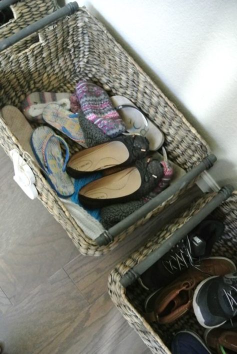 An Easy and Simple System for an Organized Entryway Entryway Shoe Basket, Organizing Shoes In Entryway, Organization Closet Storage, Small Entryway Organization, Shoe Storage Basket, Entryway Basket, Organized Entryway, Shoe Storage Bins, Entryway Inspo