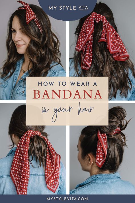 Here are 5 fun ways to add a bandana to any hairstyle from short hair to long hair. Try a half up half down with a silky bandana, or a fun loop low bun. Plus, a pretty way to wear a bandana like a headband. Check out these fun hair ideas today! PLUS, subscribe and get my FREE 14 page braid guide. #hairstyle #shorthair #hair #longhair #beachwaves #mystylevita Ways To Wear Bandanas, Braid Guide, Bandana Hairstyles For Long Hair, How To Tie Bandana, Hairstyle Shorthair, Simple Ponytails, Athletic Hairstyles, Fun Hair, Low Bun