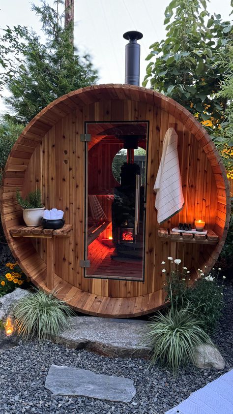 Kara Bowman (@littlehouseonchestnut) • Instagram photos and videos Rustic Saunas, Backyard Play Spaces, Building A Sauna, Backyard Spa, Spa Area, Sauna House, Backyard Sanctuary, Hot Tubs Saunas, Barrel Sauna