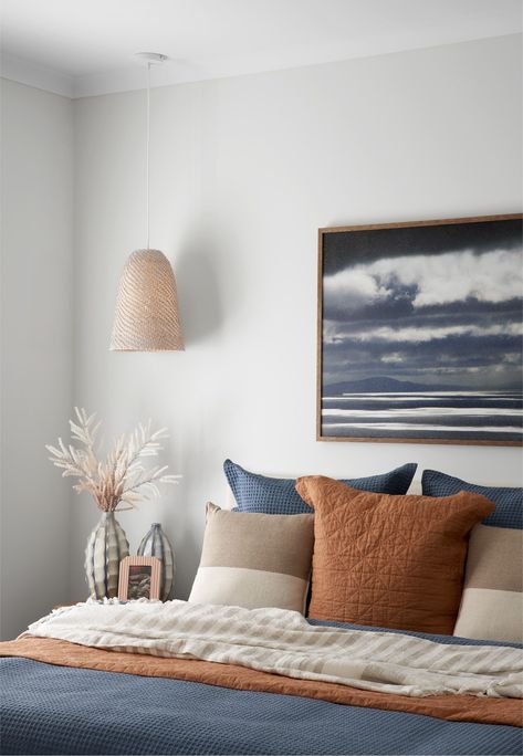 Burnt Orange Bedroom, Tan Bedroom, Light Blue Bedroom, Blue Gray Bedroom, Blue Bedroom Ideas, Blue Bedroom Decor, Bedroom Orange, Brown Bedroom, Bedroom Color Schemes