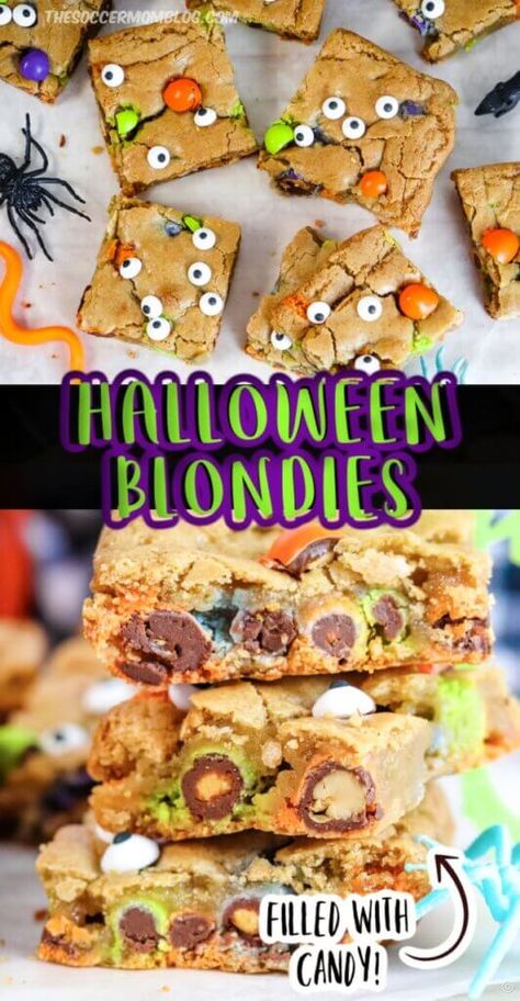 Halloween Blondie Bars, Halloween Cookie Bars Recipes, Halloween Candy Cookie Bars, Halloween Blondies, Candy Cookie Bars, Chewy Cookie Bars, Autumn Sweets, Halloween Themed Desserts, Candy Bar Cookies