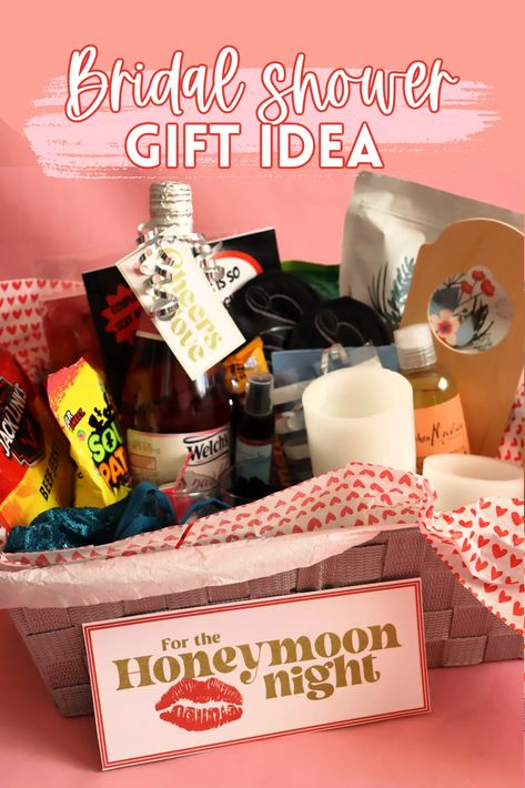 Planning a bridal shower and looking for the perfect gift? Look no further than the ultimate honeymoon night basket! This post has over 10 unique items to include that will make the night extra special for the newlyweds. From massage oils to lingerie, these items will have the couple feeling pampered and relaxed as they start their new life together. Unique Lingerie Shower Gifts, Newlywed Gift Basket Ideas, Wedding Night Gift Basket Couple, Wedding Night Basket For Bride And Groom, Date Night Bridal Shower Gift, Wedding Night Basket, Food Themed Gift Baskets, Wedding Day Basket For Bride, Honeymoon Gifts For Bride