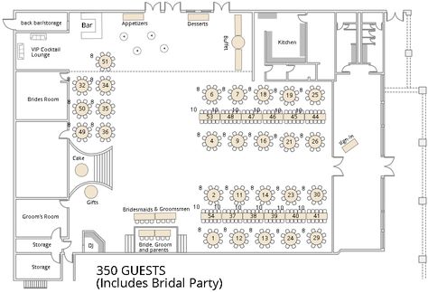 This layout uses both banquets and rounds. 14 of these seats are designated for the bridal party. Banquet Hall Design, Banquet Layout Floor Plans, Banquet Dimensions, Banquet Hall Design Plan, Banquet Hall Plan Layout Design, Exhibition Hall Floor Plan, Banquet Hall Elevation, Banquet Hall Plan, Event Layout