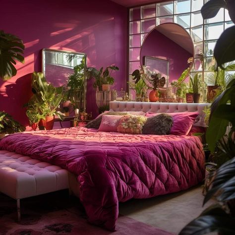 Magenta Room Aesthetic, Magenta Boho Bedroom, Magenta Bedroom Ideas, Magenta Bedroom, Magenta Bedrooms, Eccentric Bedroom, Hot Pink Bedrooms, Pink Bedroom Design, Colorful Room