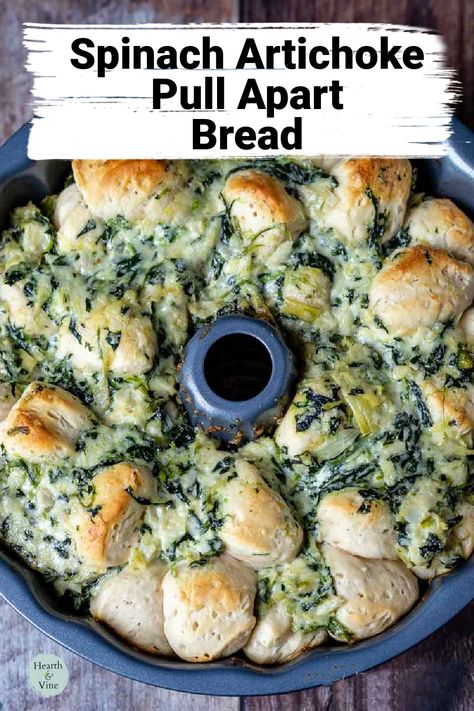 Spinach artichoke pull apart bread in a bundt pan. Spinach Artichoke Pull Apart Bread, Snacks For A Party, Spinach Dishes, Finger Appetizers, Pull Apart Recipes, Savory Rolls, Artichoke Bread, Spinach Bread, Bread Pull Apart Recipes