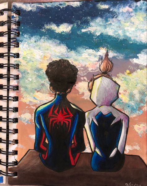 Gwen And Spiderman Drawing, Spiderman And Gwen Painting, Gwen And Miles Sketch, Miles Morales Sketchbook Gwen, Miles And Gwen Sketch, Spiderman And Spider Gwen Drawing, Spidergwen Drawing Sketches, Spiderman Across The Spider Verse Draw, Spiderman Miles Drawing