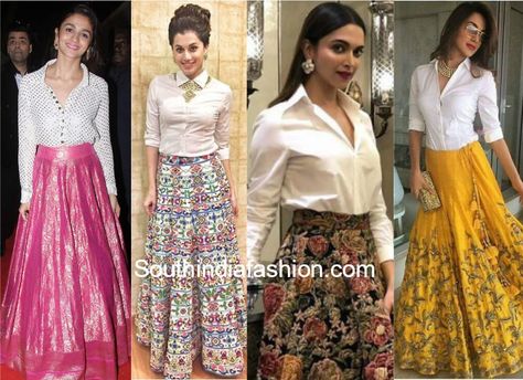 tops with indian ethnic skirts 600x436 Lehenga With White Shirt, White Shirt And Skirt Outfit Indian, Skirt Shirt Indian Outfit, Red Ghagra, Long Skirt With Shirt, Indian Skirt And Top, Skirt And Top Indian, Ethnic Skirts, Indian Skirts