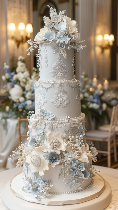 Ice Blue Wedding Cake, Grand Wedding Cake, Classy Wedding Cakes Unique, Blue Wedding Cakes Elegant, Enchanted Wedding Cake, Wedding Cakes Light Blue, 3 Tier Wedding Cake Ideas, Wedding Cake White And Blue, Wedding Cake Blue And White