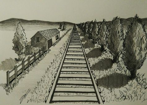 Railtrack one point Railroad Tracks Drawing, Train Tracks Drawing, Railroad Art, Concept Sketches, Background Drawing, 7th Grade, Train Tracks, Railroad Tracks, Drawing Reference