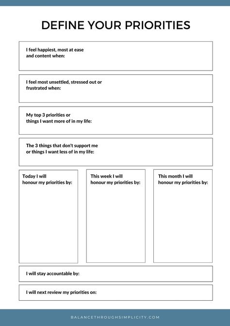 Know Your Priorities: A Free Worksheet - BALANCE THROUGH SIMPLICITY Prioritization Worksheet, Life Coaching Tools Worksheets Free, Self Development Worksheets, List Of Priorities, Priorities In Life, Know Your Why, Aesthetic Planners, Life Coaching Worksheets, Free Planner Printables