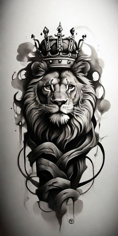 Lion With Crown Tattoo Design, Lion With Crown Tattoo, Lion With Crown, Lion Art Tattoo, Tiger Tattoo Sleeve, Lion King Tattoo, Tiki Tattoo, Christ Tattoo, Lion Tattoo Sleeves