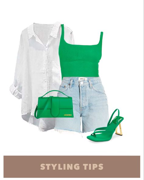 Green Bags Outfits, Green Jacquemus Bag Outfit, Green Heel Outfits, Outfits With Green Bag, Outfits With Green Heels, Light Green Shorts Outfit, Green Bag Outfit Summer, Green Outfit Ideas Summer, Shorts Verdes Outfits