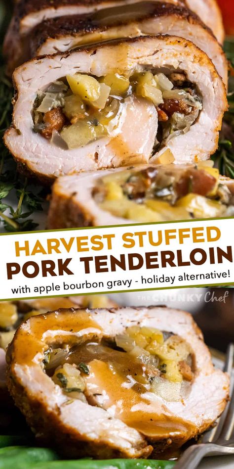 This Stuffed Pork Tenderloin with Apple Bourbon Gravy is the perfect alternative to a huge turkey on your holiday menu! Juicy pork wrapped around a sweet and savory filling made from apples, onions, bacon and herbs, roasted, then smothered in an apple cider bourbon gravy that is out of this world delicious. #pork #tenderloin #holiday #stuffed Thanksgiving Pork Loin, Thanksgiving Pork Recipes, Gourmet Pork Recipes, Cranberry Apple Stuffed Pork Tenderloin, French Onion Stuffed Pork Loin, Pork Loin Recipes Stuffed, Savory Apple Dishes, Fall Pork Tenderloin Recipes, Stuffed Pork Tenderloin Recipes