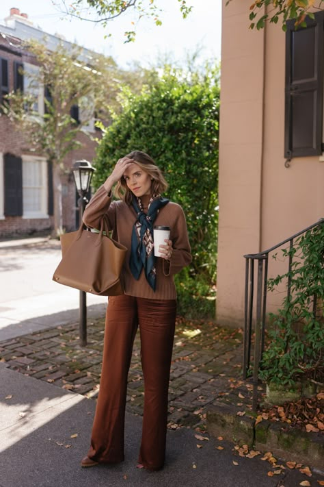 The Pant Edit - Julia Berolzheimer Silk Scarf Outfit, Neutral Wardrobe, Fw 2024, England Trip, Julia Berolzheimer, Scarf Outfit, London Outfit, Favorite Sweater, Colour Combinations