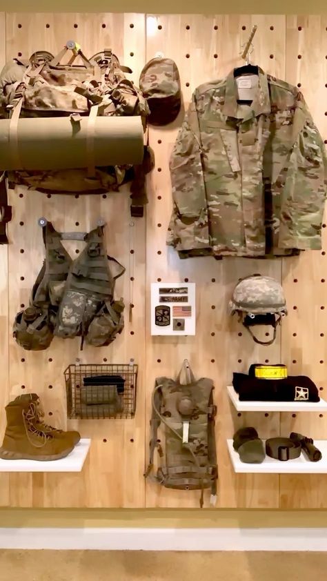 Our founder and veteran, Chris, demonstrates how easy it is to organize his military gear with the myWall system. The customizable peg wall… | Instagram Uniform Storage Ideas, Uniform Display Ideas, Military Gear Organization, Military Gear Storage, Military Decorating Ideas, Military Room Ideas, Military Office Decor, Military Bedroom, Uniform Display