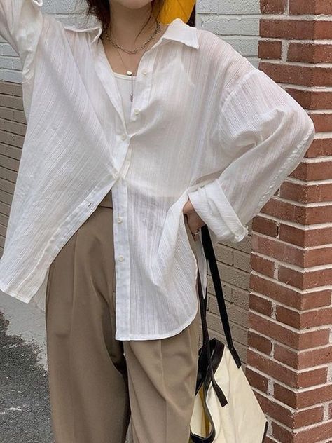 Transparent Cardigan, Woman Blouses, Outfit Ideas Korean, Sunscreen Clothing, Basic Fashion, White Shirts Women, Preppy Casual, Linen Pants Women, Next Clothes