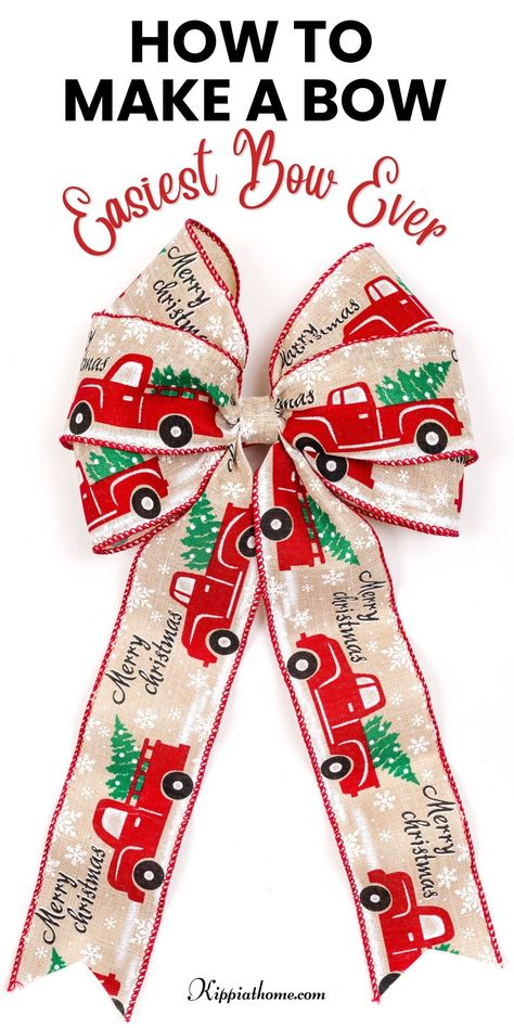 Christmas bow with trucks Making Bows For Wreaths, Bows For Presents, Christmas Gift Bow, Bow Making Tutorials, Christmas Bows Diy, Christmas Wreath Bows, Homemade Bows, Ribbon Crafts Diy, Christmas Tree Bows