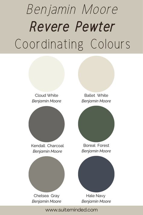 Revere Pewter pairs well with a variety of different colours. Consider a muted beige or a light greige with like Edgecomb Gray for a monochromatic look. It also pairs well with many warm whites or off-whites such as White Dove, Cloud White, or Ballet White for an elegant, fresh, and inviting look. For more contrast, consider a blue-grey or warm green like Boreal Forest, a muted navy blue such as Hale Navy, or a warm dark grey with similar undertones like Chelsea Gray or Kendall Charcoal. Bm Knoxville Gray Paint, Colors That Go Well With Revere Pewter, Revere Pewter Home Exterior, Revere Pewter Coordinating Colors, Revere Pewter Bedroom, Ballet White Benjamin Moore, Revere Pewter Paint, Pewter Benjamin Moore, Ballet White