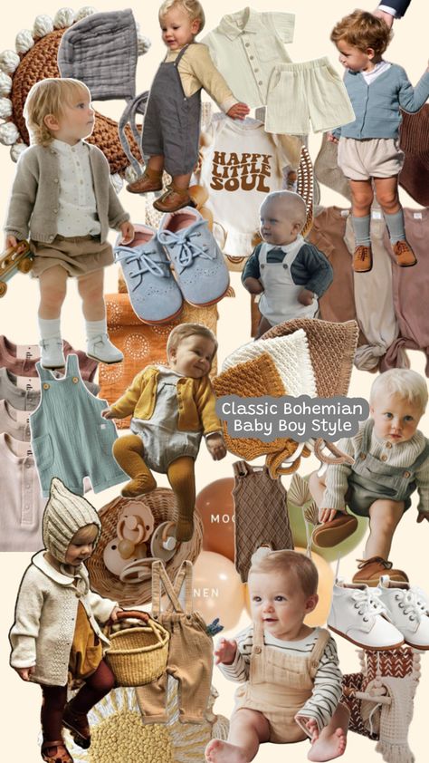 This is a collection of outfits for baby boys with clothing items, toys and other baby accessories to finish the collage and give the overall vibe. The vibe is very neutral and earthy tones, with wood and knitted accents. Cottagecore Boy Outfit, Boy Cottagecore, Cottagecore Boys, Smocked Outfits, Baby Boy Style, Bohemian Cottagecore, Tall Socks, Bohemian Baby