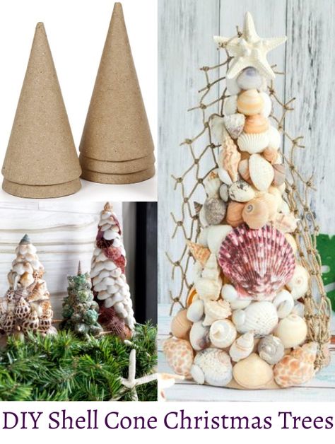 DIY shell cone Christmas trees. Use paper mache cone to make table top Christmas trees. Featured on Completely Coastal. Table Top Christmas Trees, Paper Mache Cone, Make Table, Diy Natal, Seashell Christmas Ornaments, Seashell Christmas, Beach Christmas Decorations, Art Coquillage, Oyster Shell Crafts